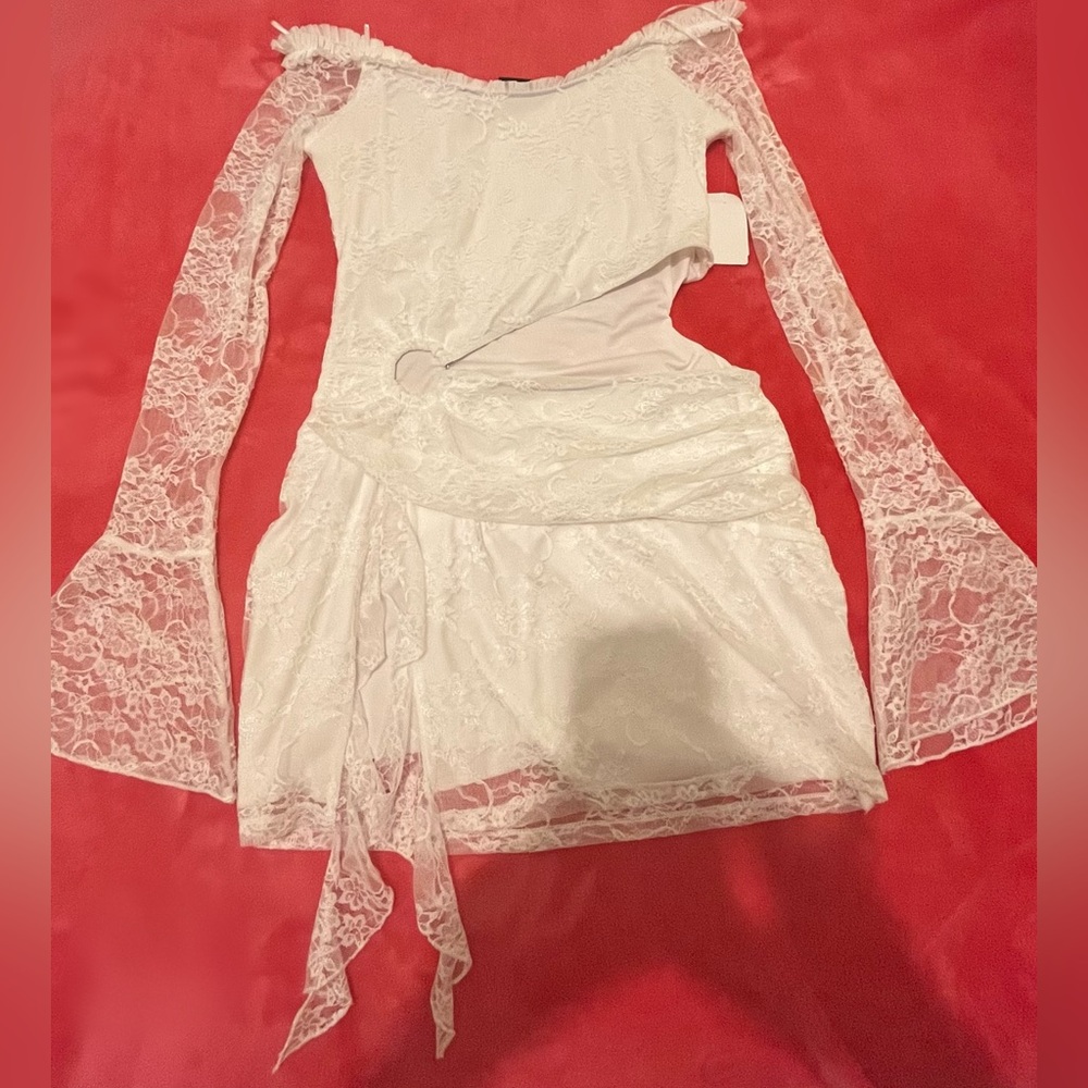 White Lace Mini Dress with Long Sleeves